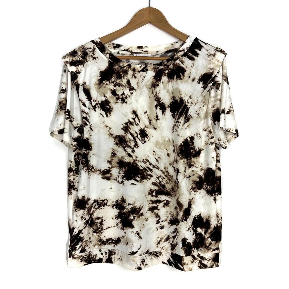 Calvin Klein Women’s Size Large Brown Printed Short Sleeve Stretch Blouse Top
